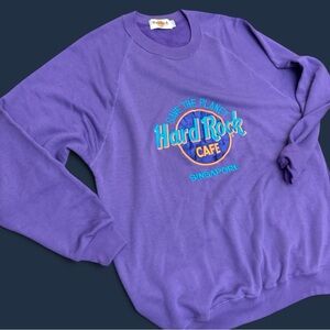 Vintage 90s Hard Rock SINGAPORE Crewneck Sweatshirt Purple Save The Planet Sz L